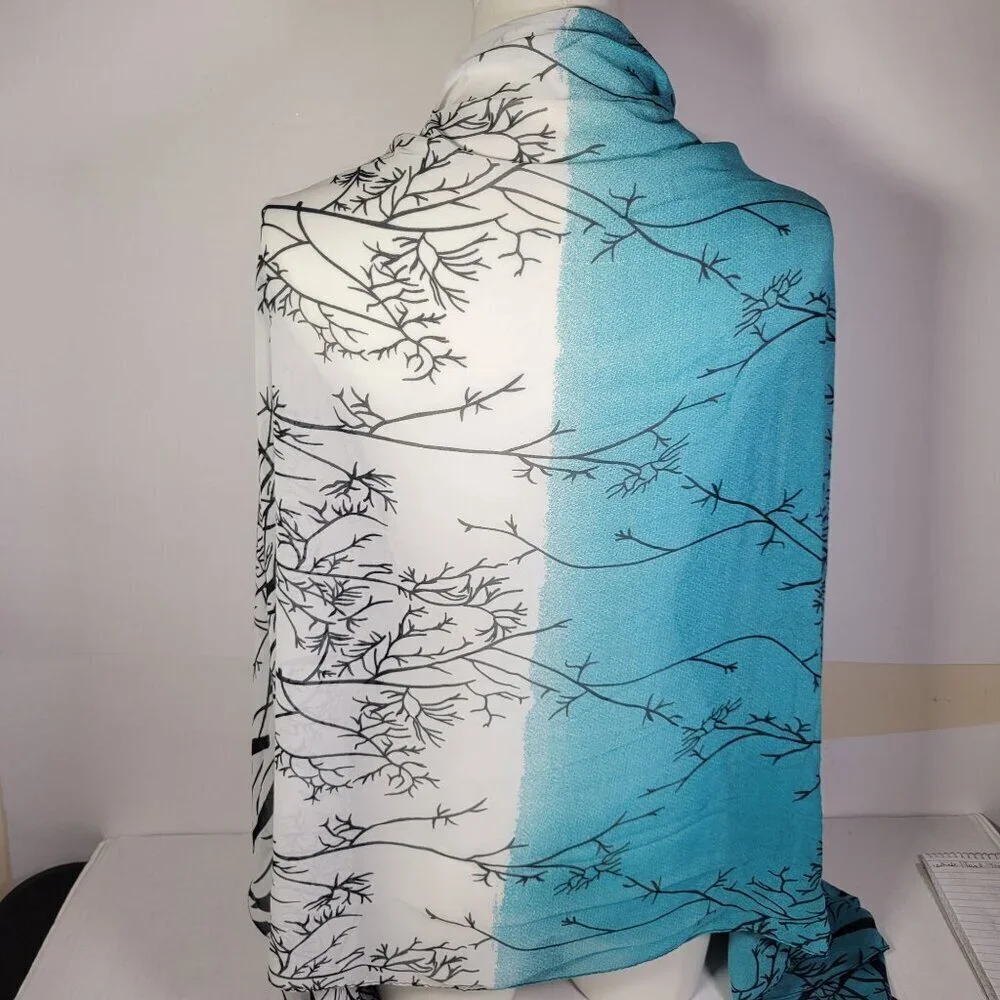Blue & White Women Elegant Gradient Tree Branch Print Lightweight Sheer Scarf